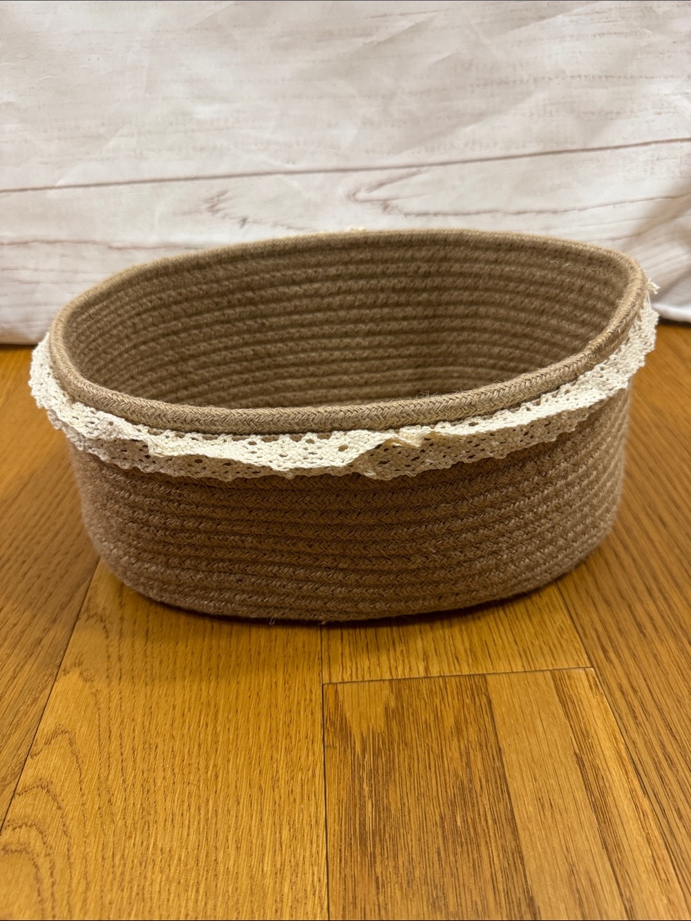 Small Brown Oval rope Storage Basket with Lace Trim